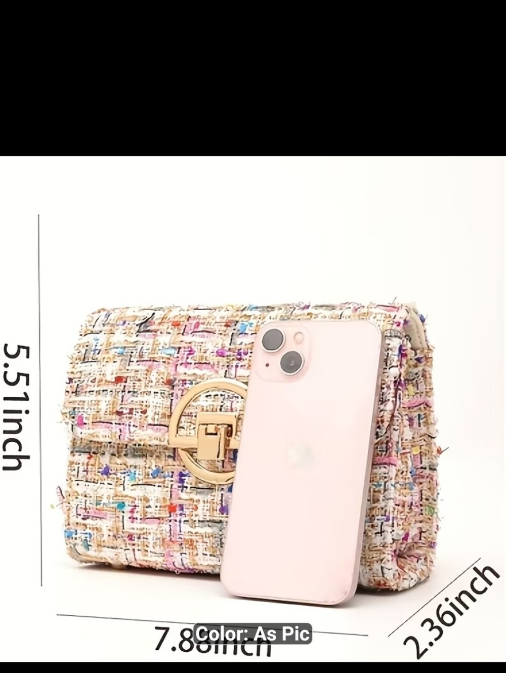 New Textured Multi-Color Tweed Chain Shoulder Bag #1611-1089 - Picture 4 of 4